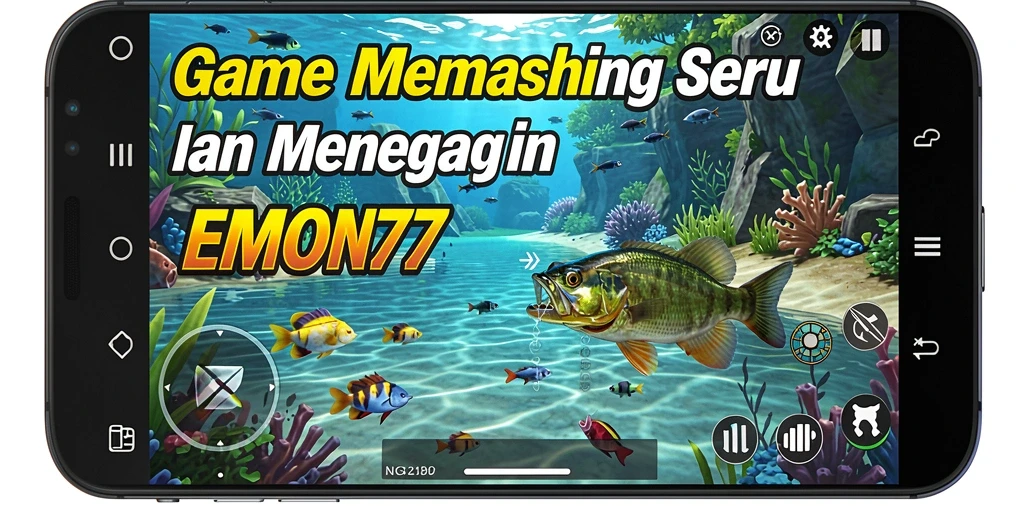 Tampilan gameplay seru dalam EMON77 saat menangkap ikan.