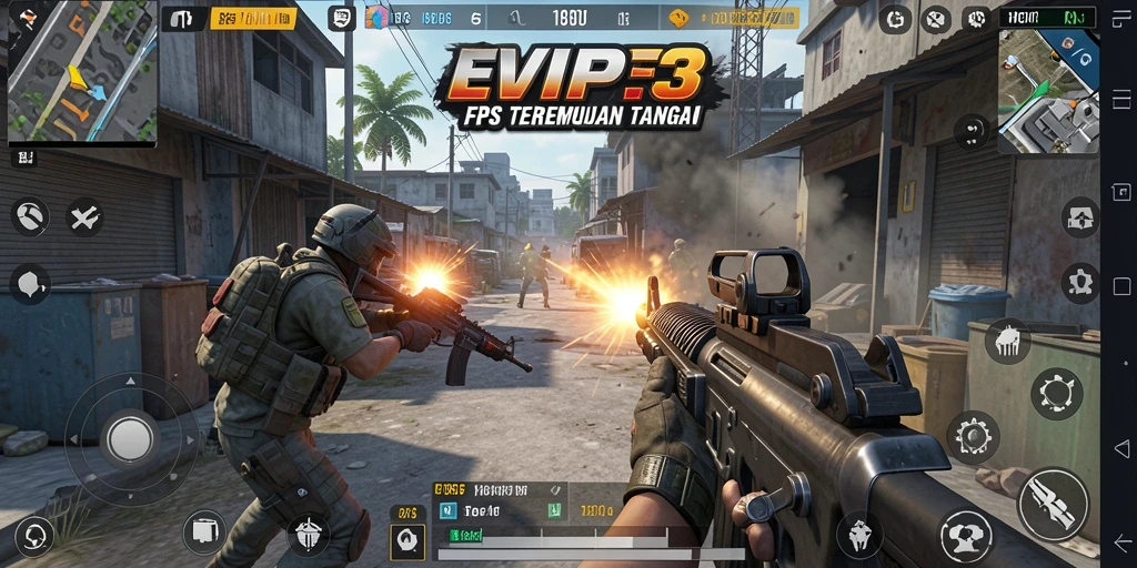 Tangkapan layar utama EVIP3 menampilkan aksi pertempuran FPS yang mendebarkan.