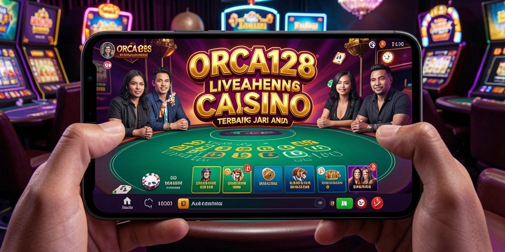 Tangkapan layar gameplay ORCA128 menampilkan dealer langsung dan suasana kasino yang mendebarkan.