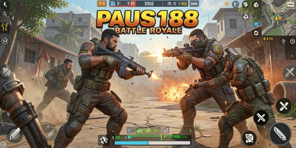 Tangkapan layar utama PAUS188 menampilkan pertempuran intens di arena Battle Royale.