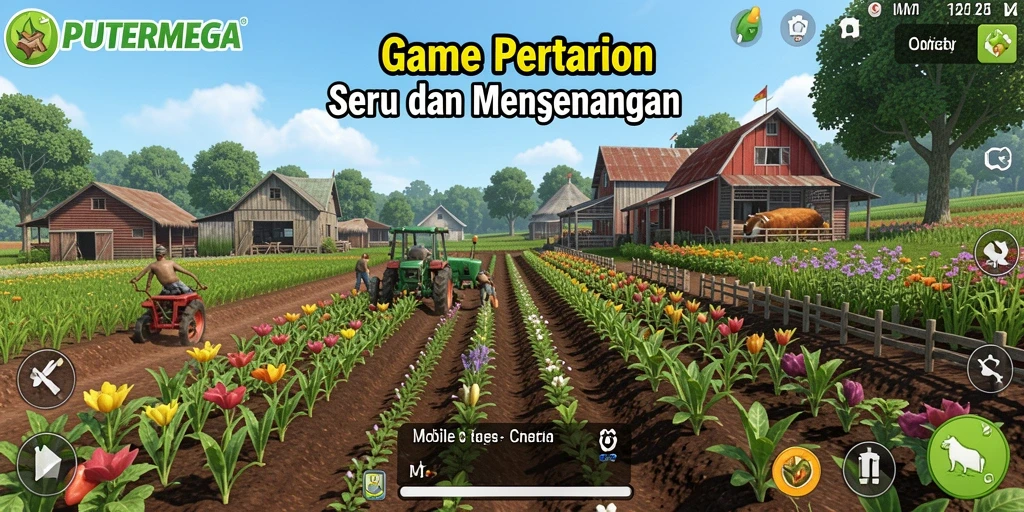 Screenshot gameplay PUTERMEGA menunjukkan suasana pertanian yang cerah dan interaksi pemain.
