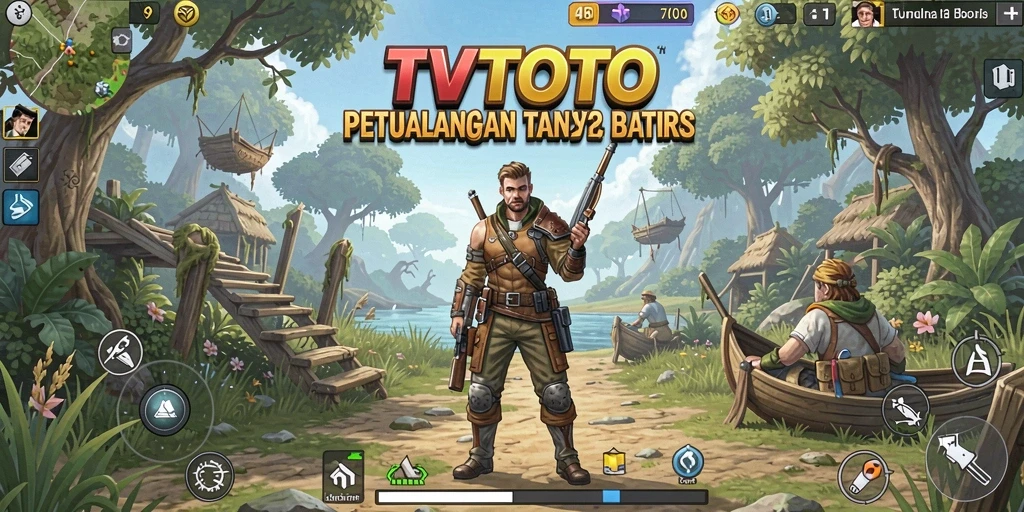 Screenshot utama TVTOTO menunjukkan petualangan seru di dunia terbuka.